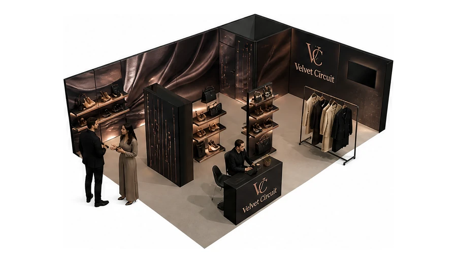 Stoisko 8 × 6 m narożne prawe dla branży odzież i moda, przykładowa marka Velvet Circuit
