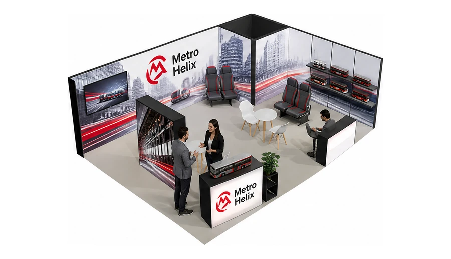 Stoisko 8 × 6 m narożne prawe dla branży autobusy i transport zbiorowy, przykładowa marka Metro Helix