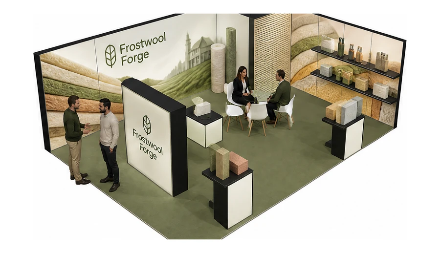 Stoisko 8 × 6 m narożne prawe dla branży izolacje techniczne, przykładowa marka Frostwool Forge