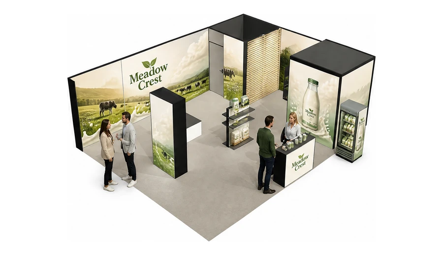 Stoisko 8 × 6 m narożne prawe dla branży nabiał i mleczarstwo, przykładowa marka Meadow Crest