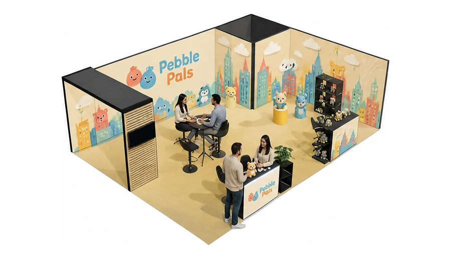 Stoisko 8 × 6 m narożne prawe dla branży zabawki i artykuły dziecięce, przykładowa marka Pebble Pals