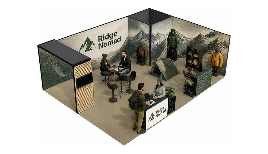 Stoisko 8 × 6 m narożne prawe dla branży odzież i sprzęt outdoorowy, przykładowa marka Ridge Nomad