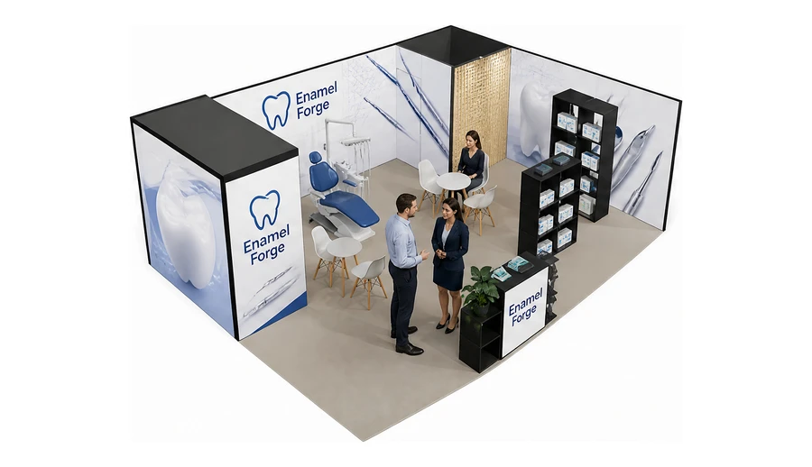 Stoisko 8 × 6 m narożne prawe dla branży stomatologia, przykładowa marka Enamel Forge
