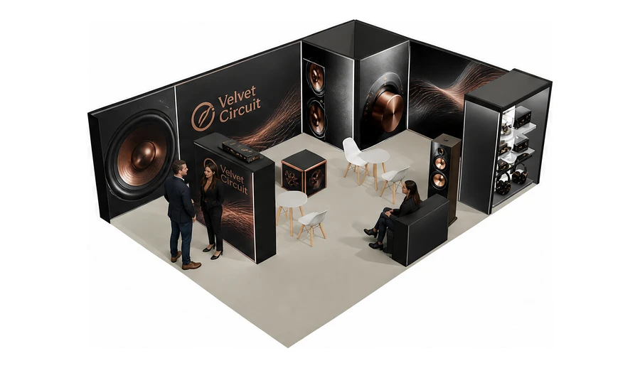 Stoisko 8 × 6 m narożne prawe dla branży sprzęt audio-video, przykładowa marka Velvet Circuit
