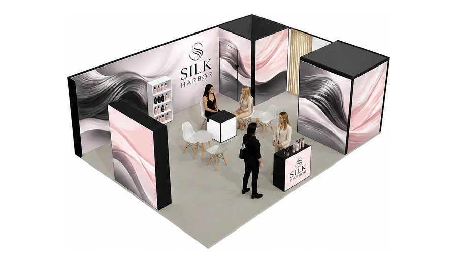 Stoisko 8 × 6 m narożne prawe dla branży fryzjerstwo i salony beauty, przykładowa marka Silk Harbor