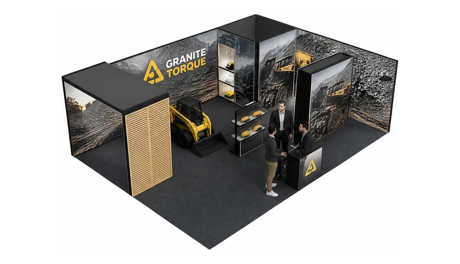 Stoisko 8 × 6 m narożne prawe dla branży maszyny budowlane, przykładowa marka Granite Torque
