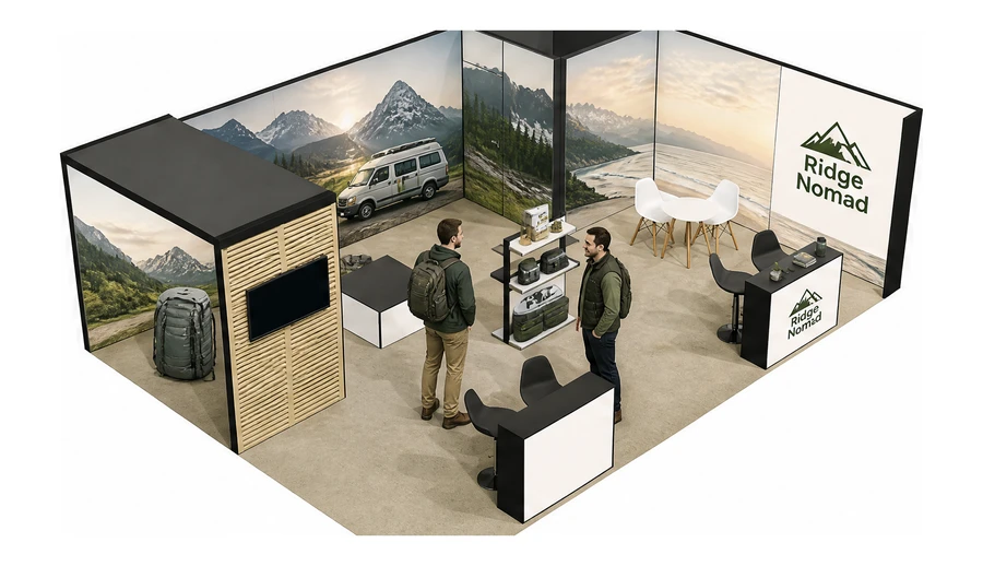 Stoisko 8 × 6 m narożne prawe dla branży caravaning i kampery, przykładowa marka Ridge Nomad