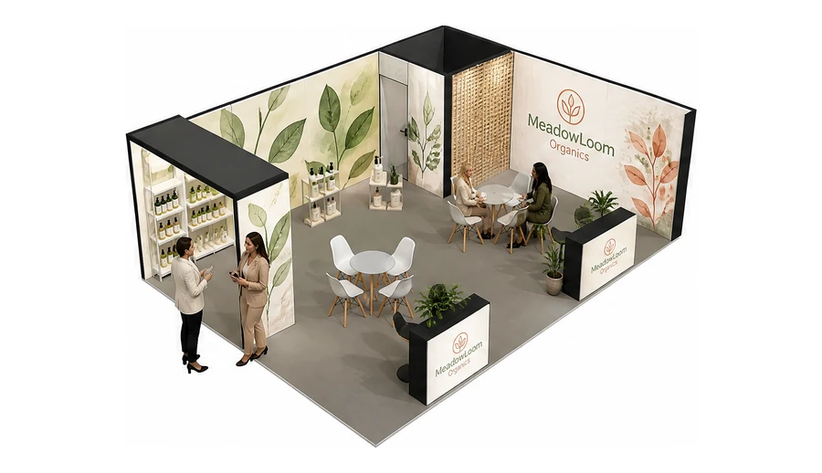 Stoisko 8 × 6 m narożne prawe dla branży kosmetyki naturalne, przykładowa marka MeadowLoom Organics