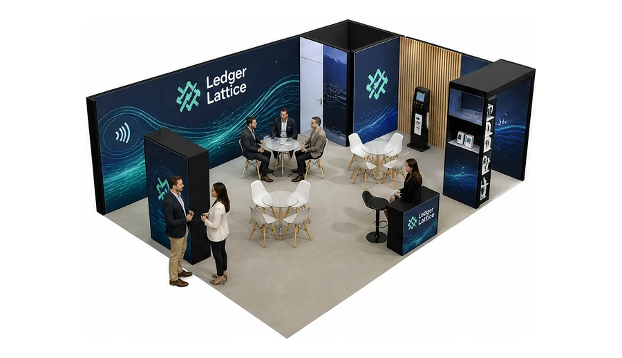 Stoisko 8 × 6 m narożne prawe dla branży płatności online, przykładowa marka Ledger Lattice