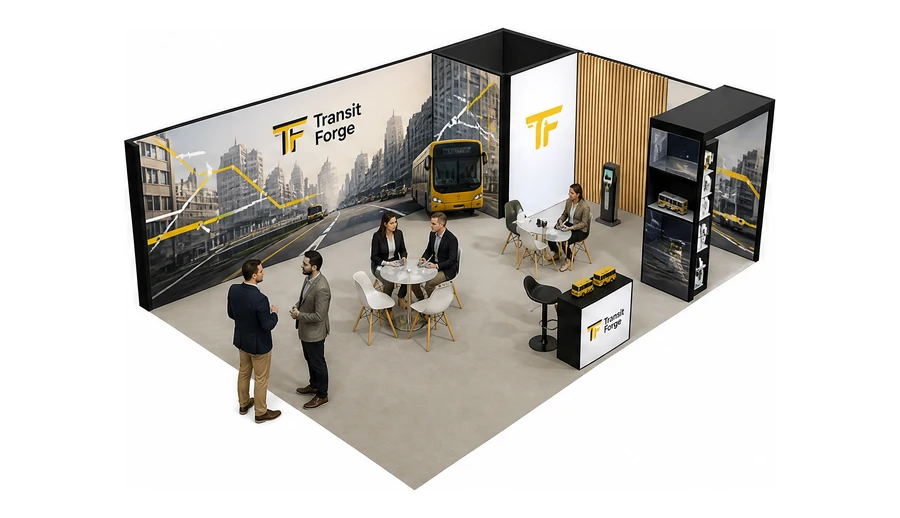 Stoisko 8 × 6 m narożne prawe dla branży autobusy i transport zbiorowy, przykładowa marka Transit Forge