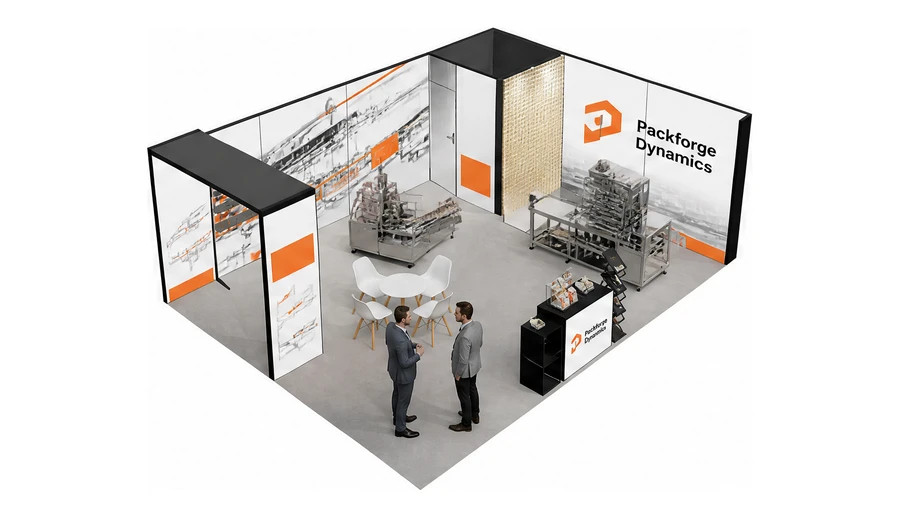 Stoisko 8 × 6 m narożne prawe dla branży maszyny pakujące, przykładowa marka Packforge Dynamics