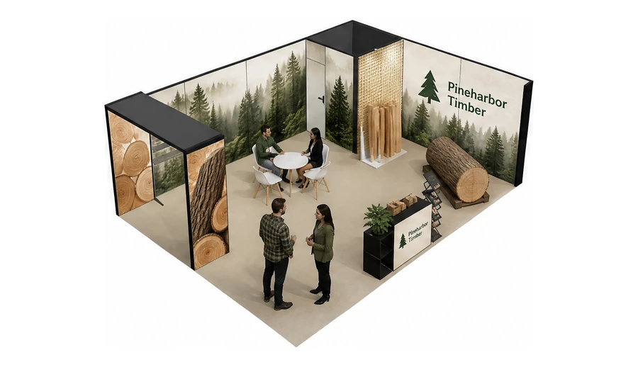 Stoisko 8 × 6 m narożne prawe dla branży leśnictwo i przemysł drzewny, przykładowa marka Pineharbor Timber