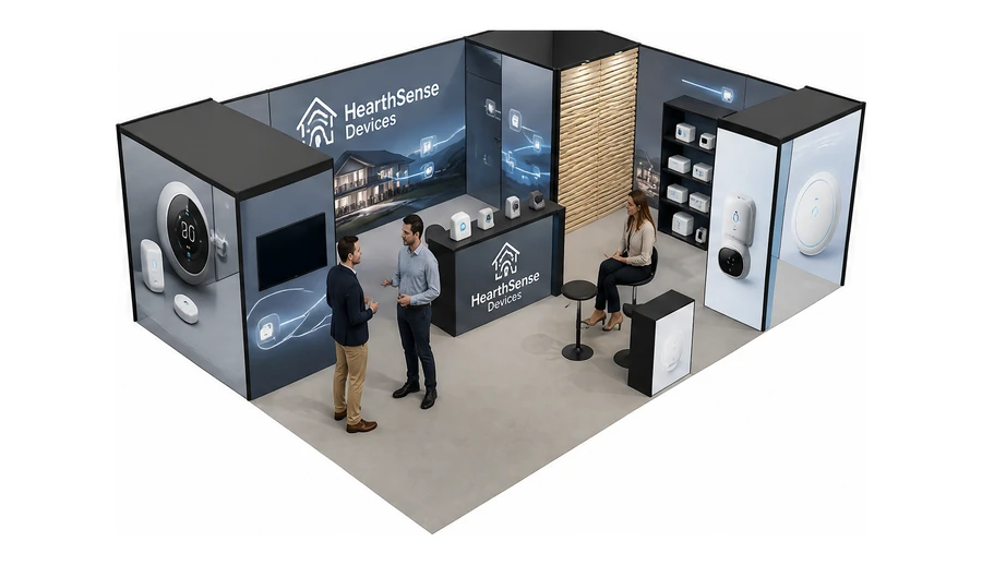 Stoisko 8 × 6 m narożne prawe dla branży smart home i IoT, przykładowa marka HearthSense Devices
