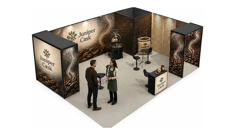Stoisko 8 × 6 m narożne prawe dla branży palarnia kawy, przykładowa marka Juniper Cask