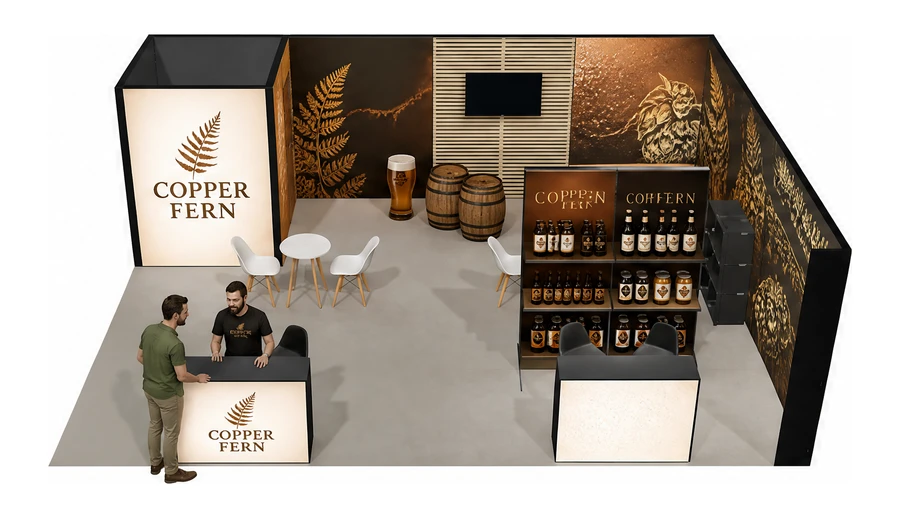 Stoisko 8 × 6 m narożne prawe dla branży browar rzemieślniczy, przykładowa marka Copper Fern