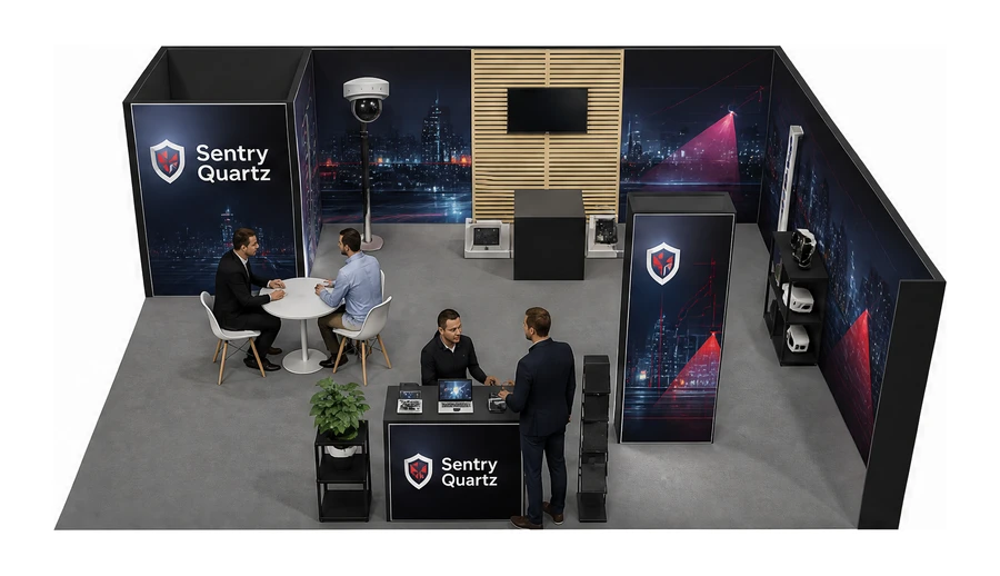 Stoisko 8 × 6 m narożne prawe dla branży systemy zabezpieczeń, przykładowa marka Sentry Quartz