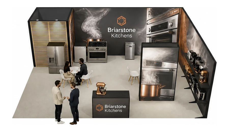 Stoisko 8 × 6 m narożne prawe dla branży sprzęt kuchenny i AGD, przykładowa marka Briarstone Kitchens