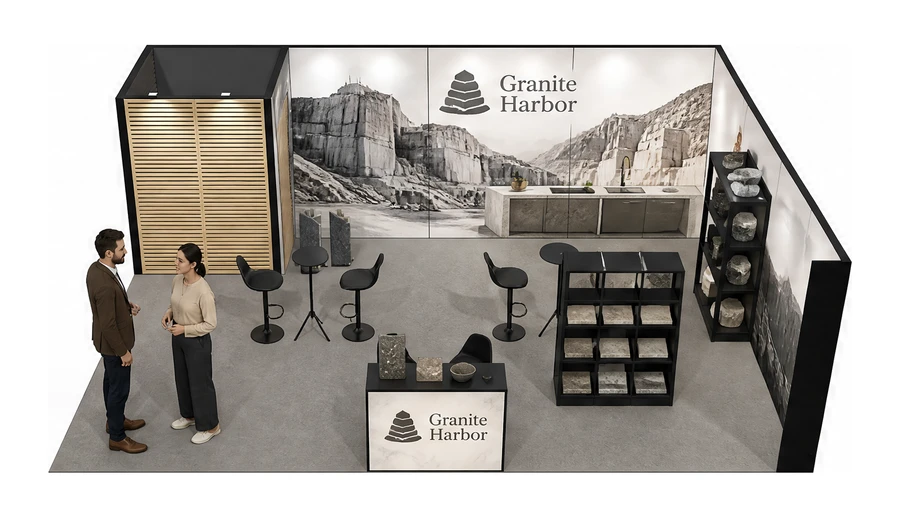 Stoisko 8 × 6 m narożne prawe dla branży kamień i kamieniarstwo, przykładowa marka Granite Harbor