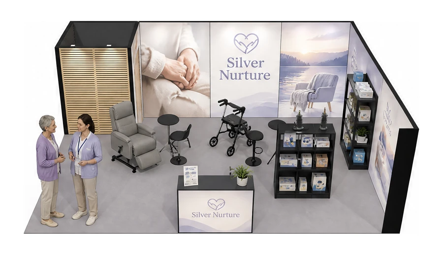 Stoisko 8 × 6 m narożne prawe dla branży opieka senioralna, przykładowa marka Silver Nurture