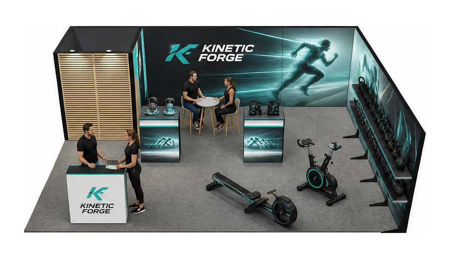 Stoisko 8 × 6 m narożne prawe dla branży fitness i siłownie, przykładowa marka Kinetic Forge