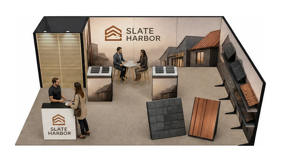 Stoisko 8 × 6 m narożne prawe dla branży dachy i elewacje, przykładowa marka Slate Harbor