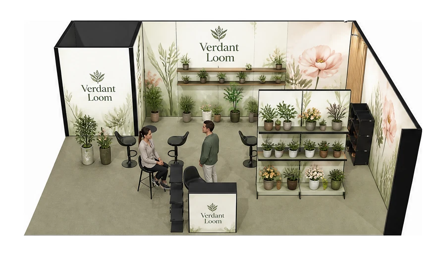Stoisko 8 × 6 m narożne prawe dla branży rośliny i kwiaciarstwo, przykładowa marka Verdant Loom