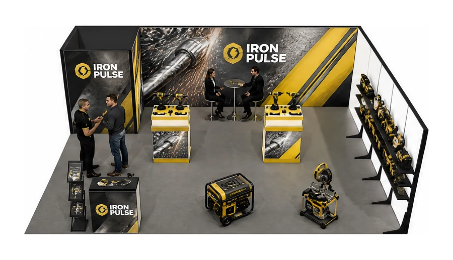 Stoisko 8 × 6 m narożne prawe dla branży elektronarzędzia, przykładowa marka Iron Pulse