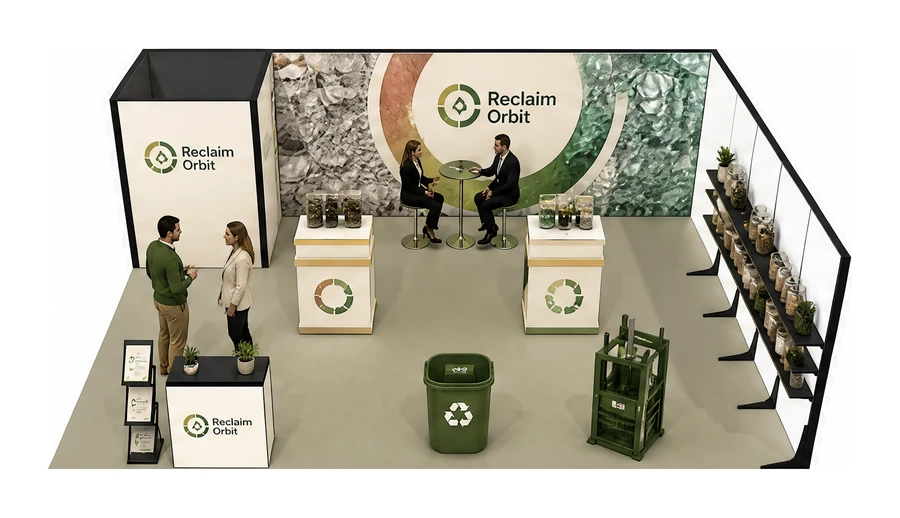 Stoisko 8 × 6 m narożne prawe dla branży recykling i ochrona środowiska, przykładowa marka Reclaim Orbit
