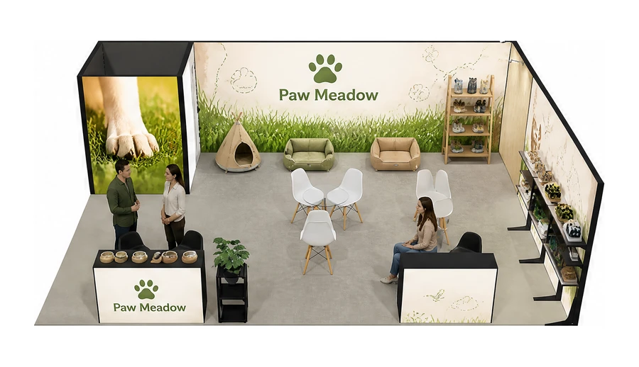 Stoisko 8 × 6 m narożne prawe dla branży akcesoria dla zwierząt, przykładowa marka Paw Meadow