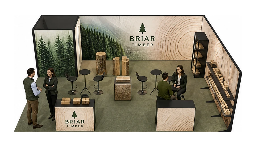 Stoisko 8 × 6 m narożne prawe dla branży leśnictwo i przemysł drzewny, przykładowa marka Briar Timber