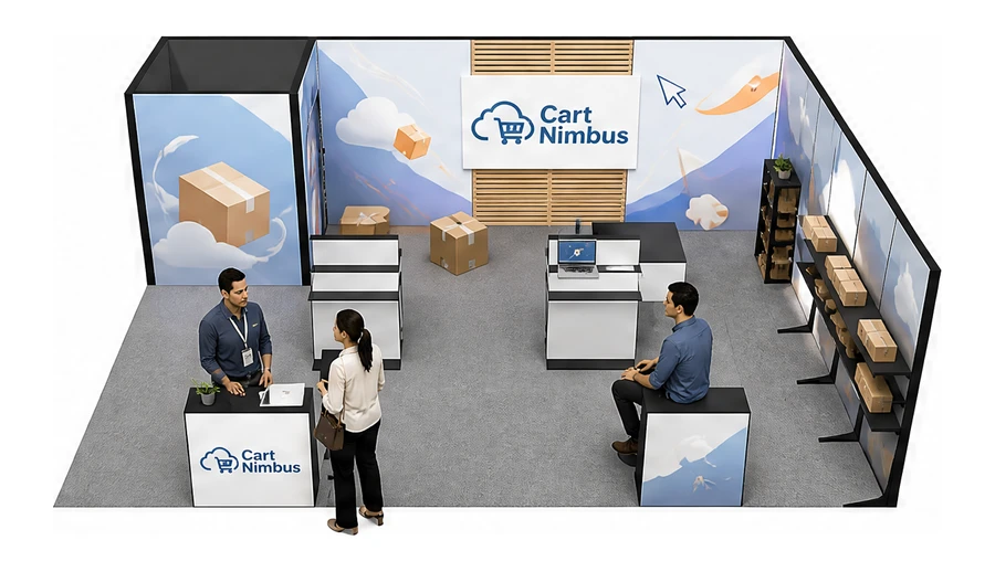 Stoisko 8 × 6 m narożne prawe dla branży e-commerce, przykładowa marka Cart Nimbus