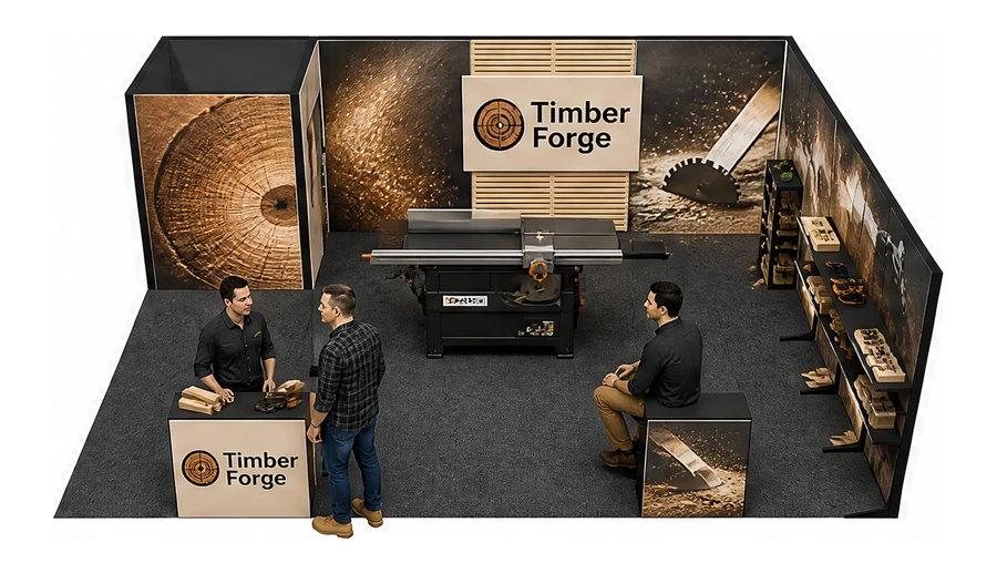 Stoisko 8 × 6 m narożne prawe dla branży maszyny do obróbki drewna, przykładowa marka Timber Forge