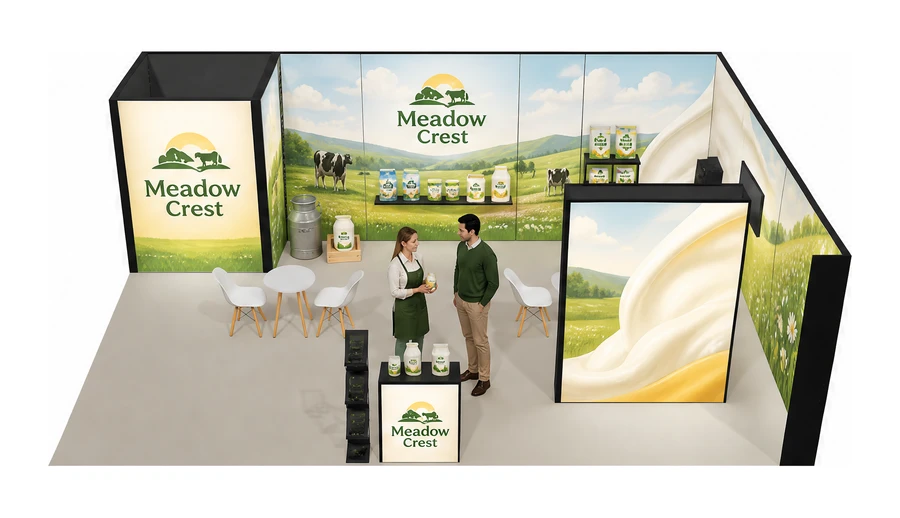 Stoisko 8 × 6 m narożne prawe dla branży nabiał i mleczarstwo, przykładowa marka Meadow Crest