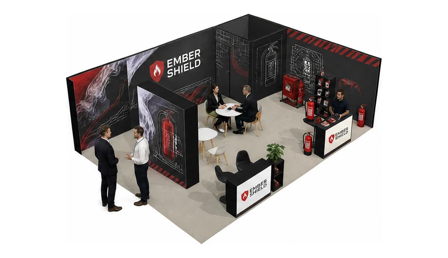Stoisko 8 × 6 m narożne prawe dla branży ochrona przeciwpożarowa, przykładowa marka Ember Shield