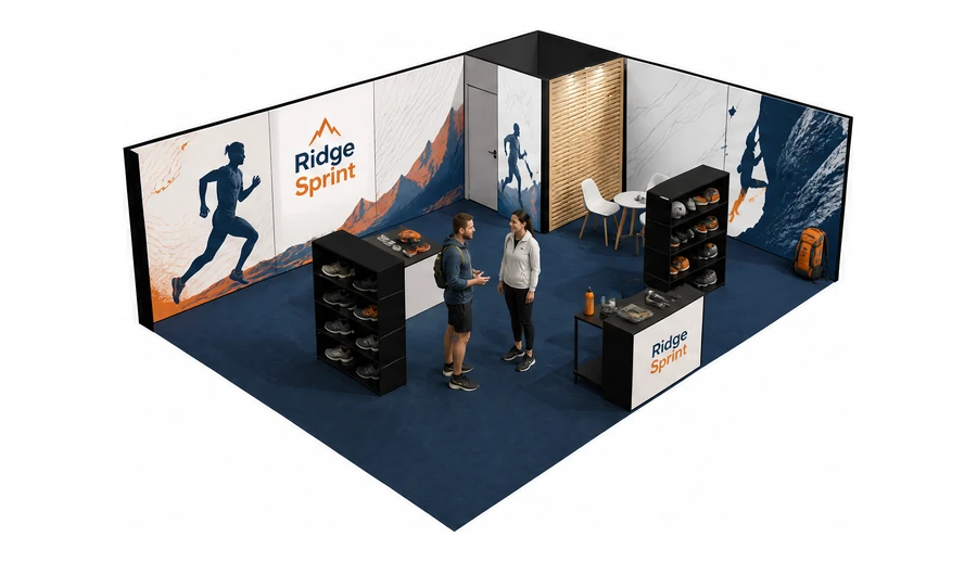Stoisko 8 × 6 m narożne prawe dla branży sprzęt sportowy, przykładowa marka Ridge Sprint