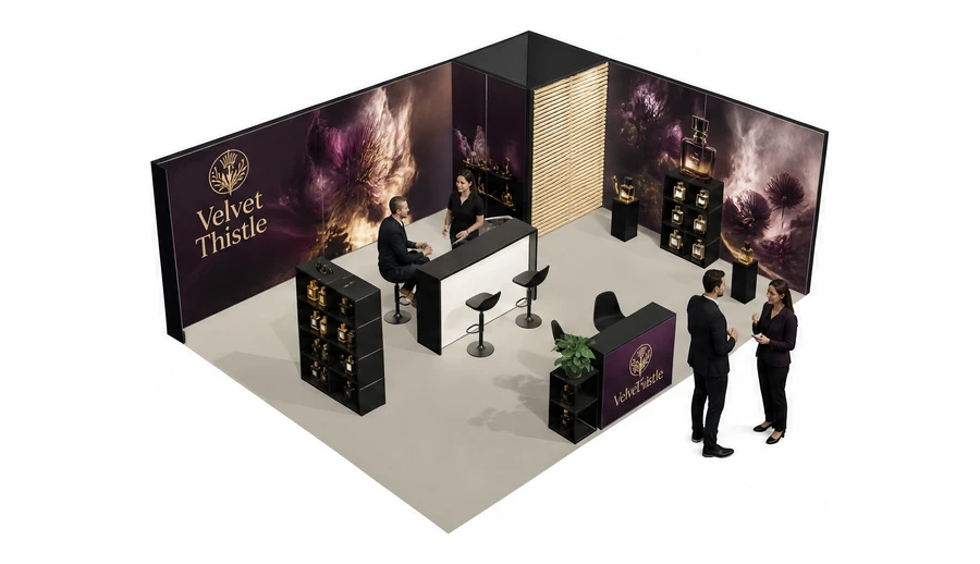 Stoisko 8 × 6 m narożne prawe dla branży perfumy, przykładowa marka Velvet Thistle