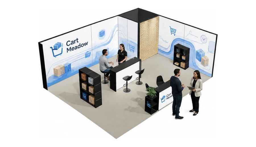 Stoisko 8 × 6 m narożne prawe dla branży e-commerce, przykładowa marka Cart Meadow