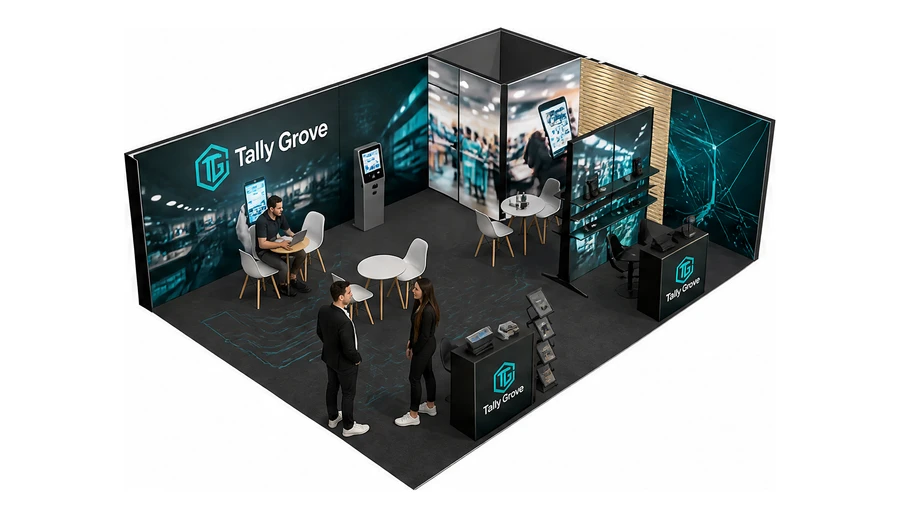 Stoisko 8 × 6 m narożne prawe dla branży technologie dla handlu, przykładowa marka Tally Grove