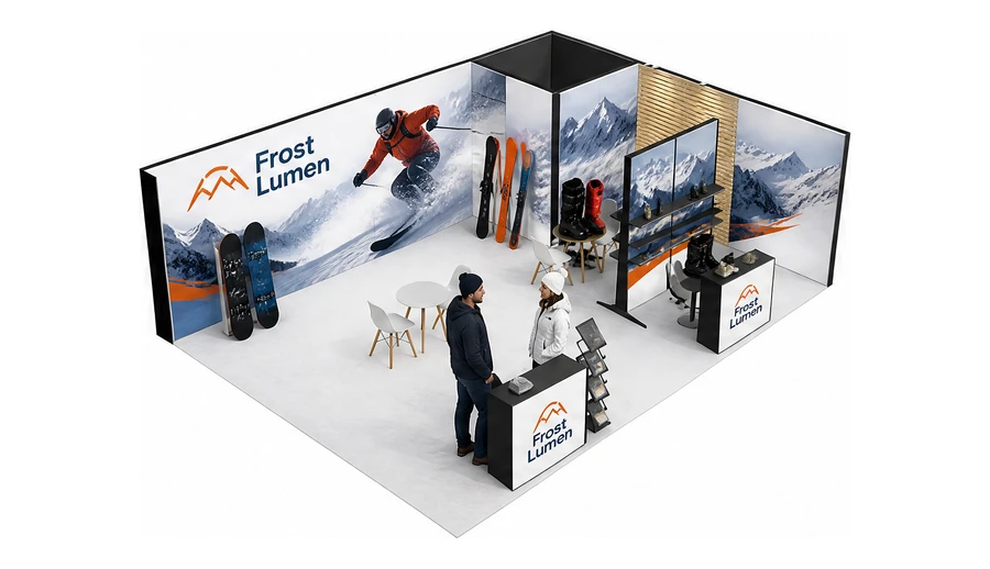 Stoisko 8 × 6 m narożne prawe dla branży narciarstwo i sporty zimowe, przykładowa marka Frost Lumen