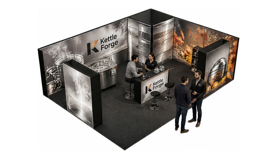 Stoisko 8 × 6 m narożne prawe dla branży technologie spożywcze, przykładowa marka Kettle Forge