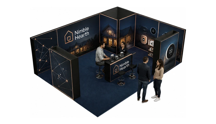 Stoisko 8 × 6 m narożne prawe dla branży smart home i IoT, przykładowa marka Nimble Hearth