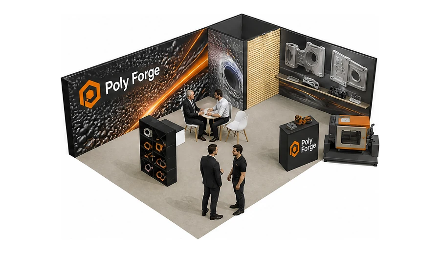 Stoisko 8 × 6 m narożne prawe dla branży przetwórstwo tworzyw, przykładowa marka Poly Forge
