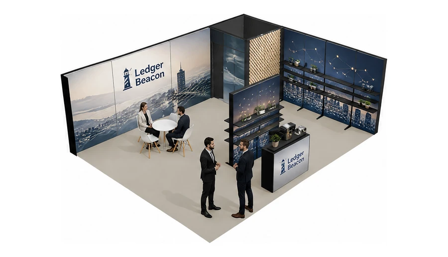 Stoisko 8 × 6 m narożne prawe dla branży usługi finansowe i księgowe, przykładowa marka Ledger Beacon