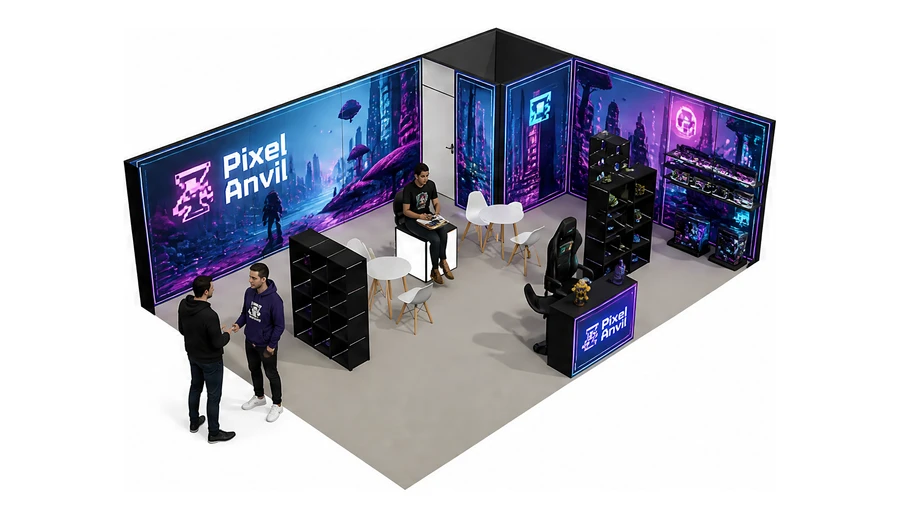 Stoisko 8 × 6 m narożne prawe dla branży gry wideo, przykładowa marka Pixel Anvil