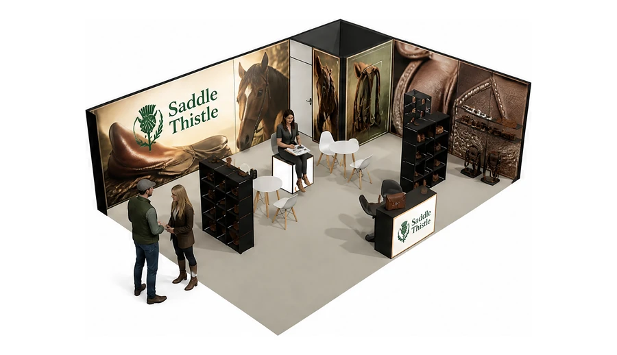 Stoisko 8 × 6 m narożne prawe dla branży jeździectwo, przykładowa marka Saddle Thistle