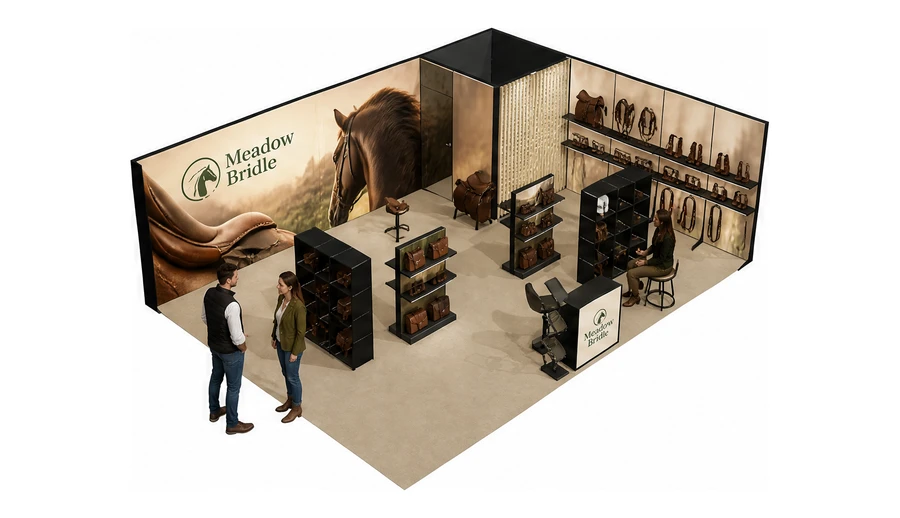 Stoisko 8 × 6 m narożne prawe dla branży jeździectwo, przykładowa marka Meadow Bridle