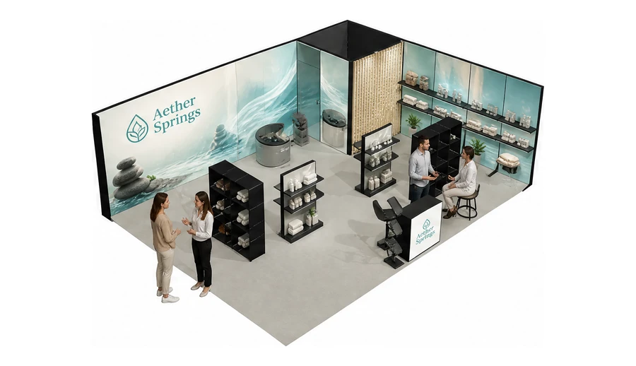 Stoisko 8 × 6 m narożne prawe dla branży spa i wellness, przykładowa marka Aether Springs