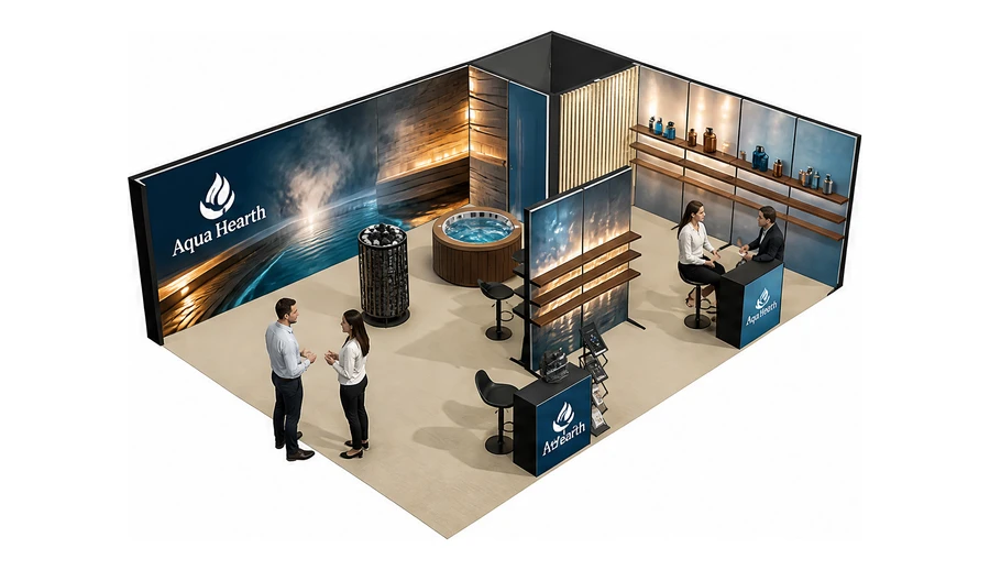 Stoisko 8 × 6 m narożne prawe dla branży baseny i sauny, przykładowa marka Aqua Hearth
