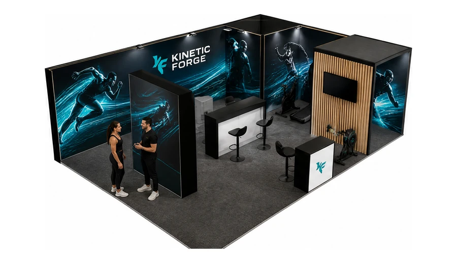 Stoisko 8 × 6 m narożne prawe dla branży fitness i siłownie, przykładowa marka Kinetic Forge