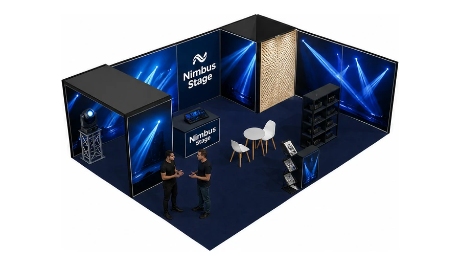 Stoisko 8 × 6 m narożne prawe dla branży branża eventowa, przykładowa marka Nimbus Stage